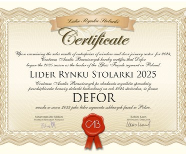 DEFOR SA po raz 8 z tytułem Lidera Rynku Stolarki Okiennej 2025 w kategorii fasad!